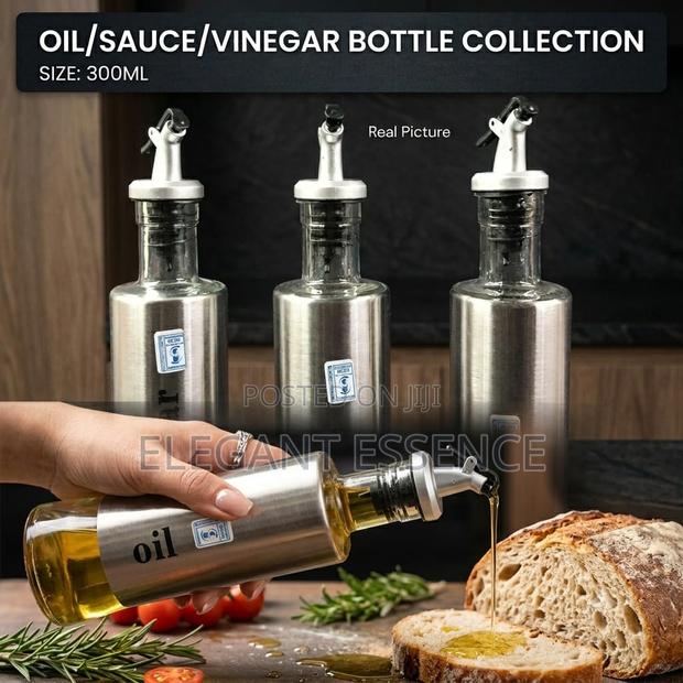 Oil Bottle With a Clear Glass Body and a Stainless Steel Sleeve -300ml