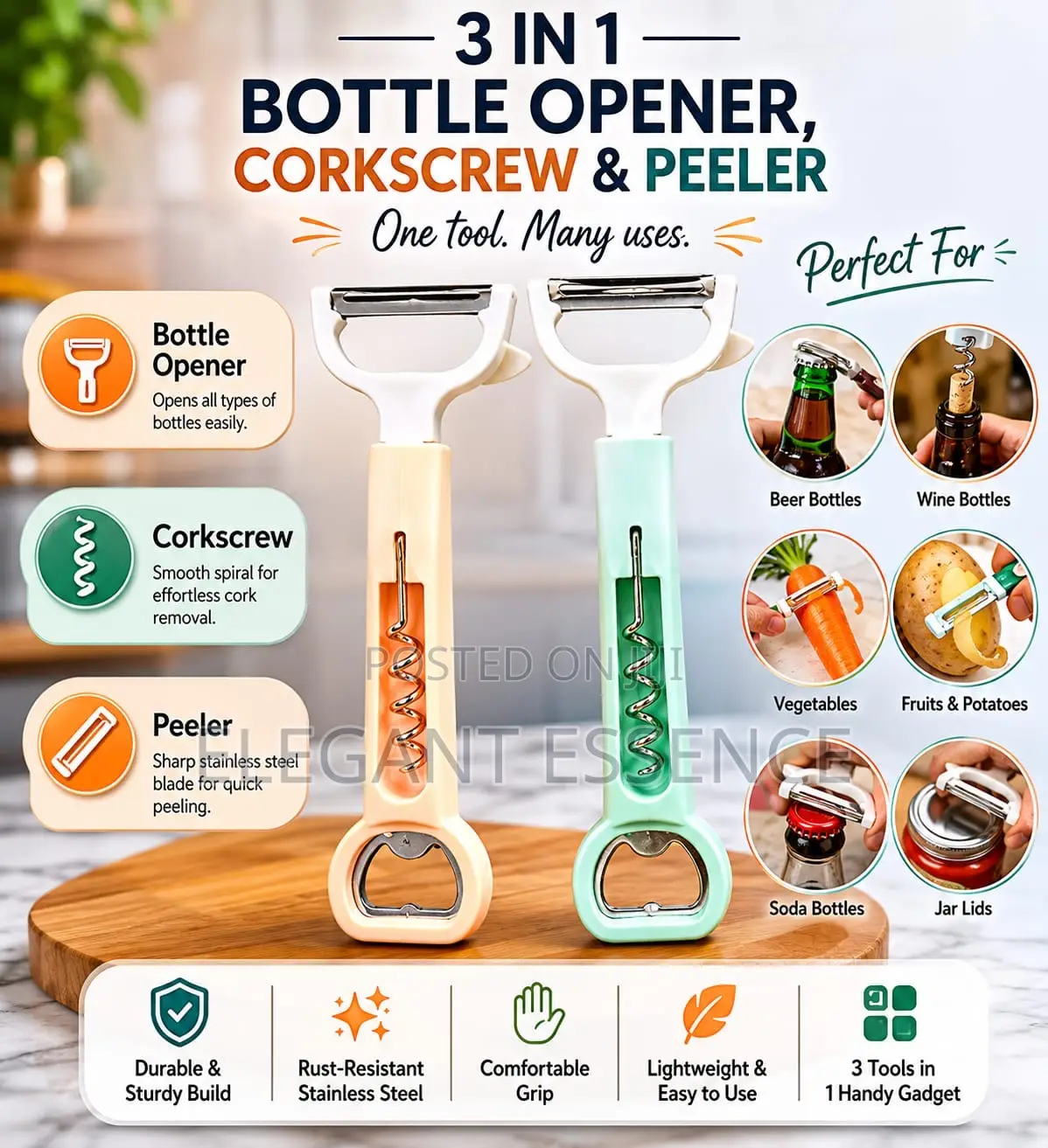 3 in 1 Bottle Opener, Corkscrew and Peeler