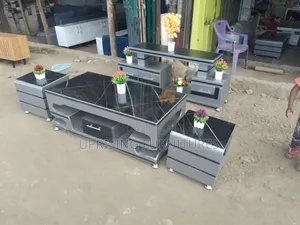 Coffee Table+2 Stools Gray Marble Top Black + Tv Stand Gray