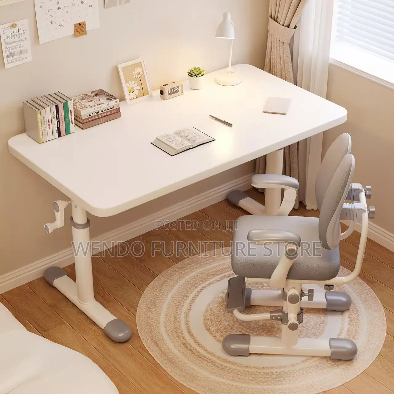 Office Table; Manual Height Adjustable White Table