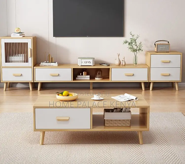 Livingroom Set: Nordic Multicoloured Tv Stand and Coffee Table Set