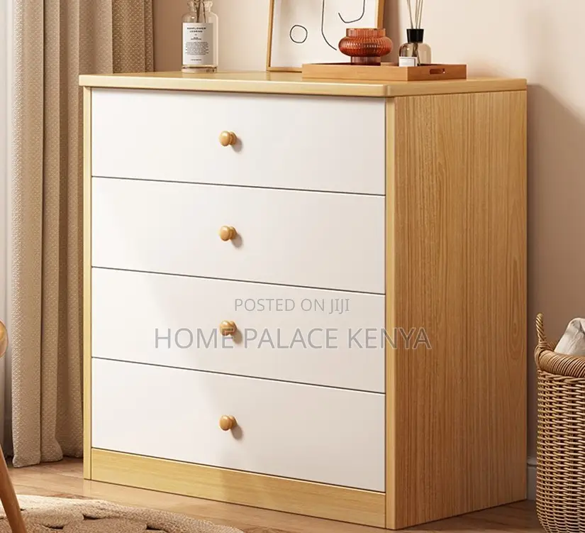 Drawer Chest: White and Brown Wooden 4-Drawer Bedside Cabinet