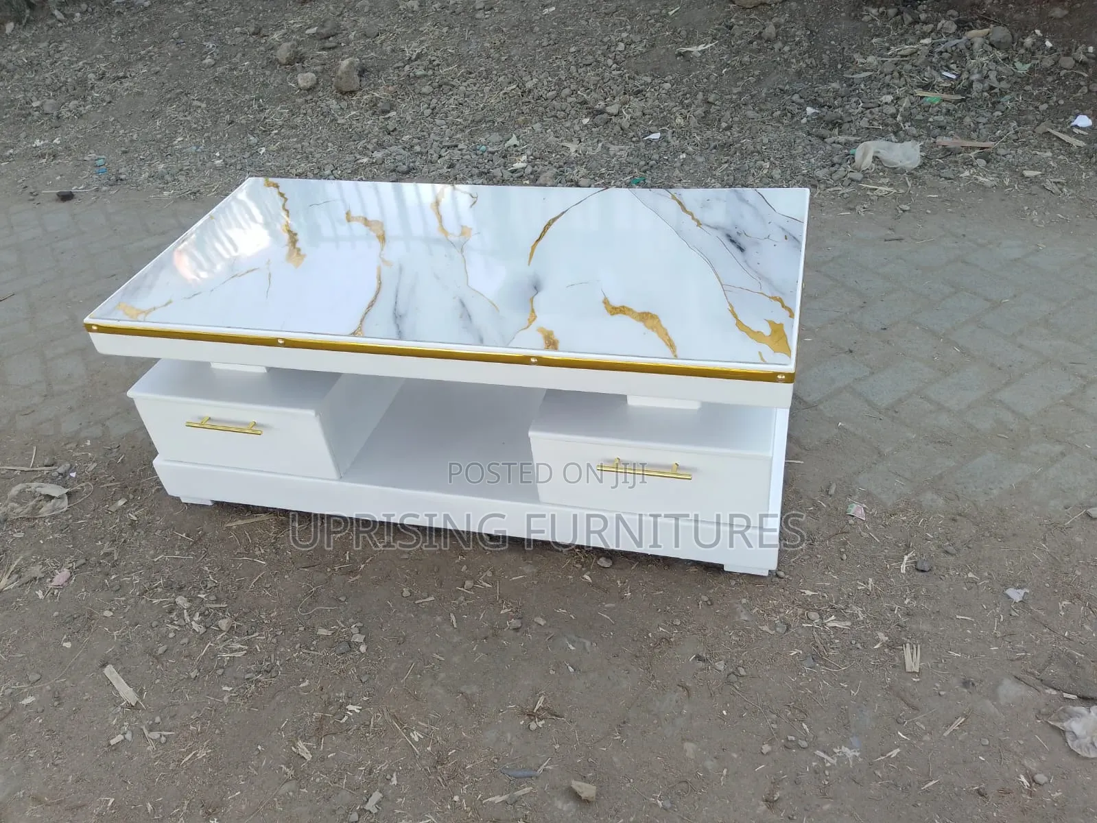 Coffee Table White Plain Double Drawer With Marble Top Gold
