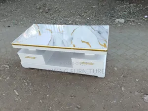 Coffee Table White Plain Double Drawer With Marble Top Gold