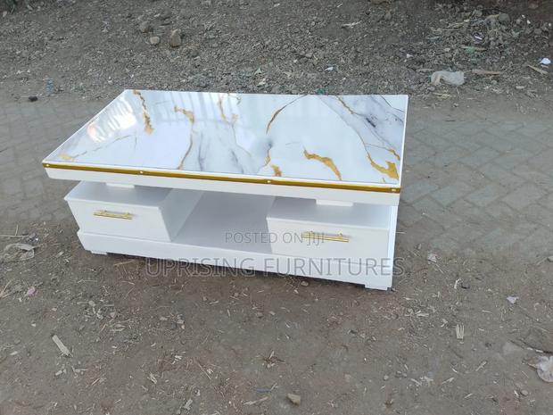 Coffee Table White Plain Double Drawer With Marble Top Gold