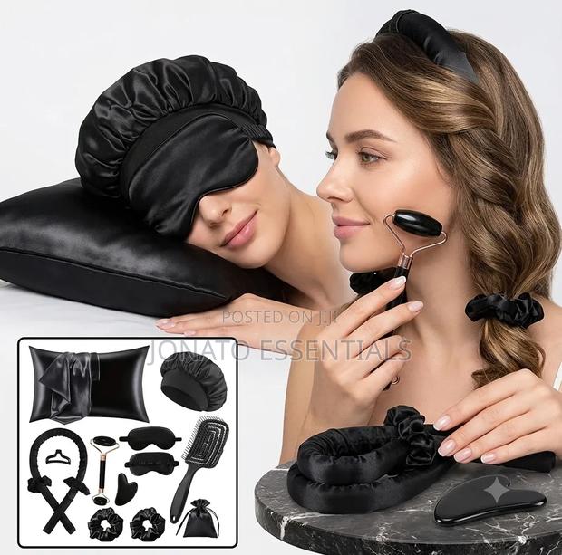 12-in-1 Silk Satin Pillowcase Bonnet Heatless Hair Curler Set