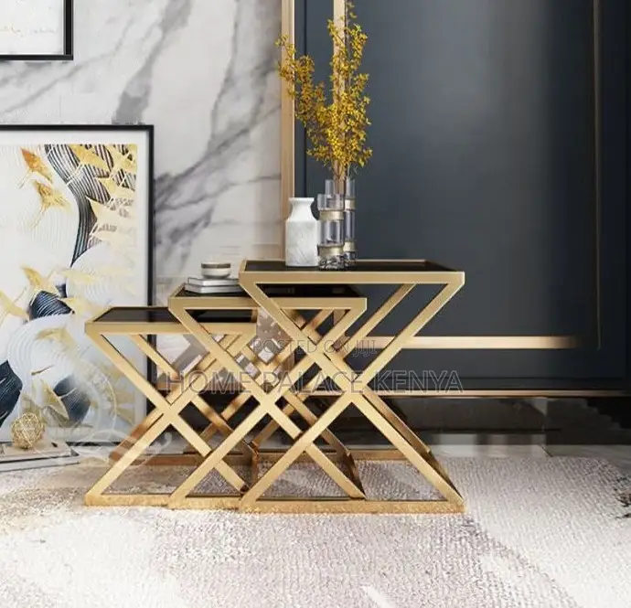 Side Tables: 3-Piece Decorative Glass Coffee Table Set With Cross Leg