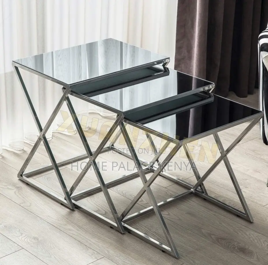 Side Tables: 3-Piece Decorative Glass Coffee Table Set With Cross Leg