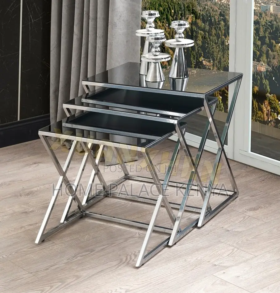 Side Tables: 3-Piece Decorative Glass Coffee Table Set With Cross Leg