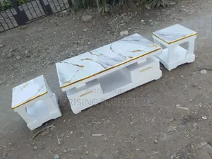 Coffee Table White With 2 Stools Marble Top Gold