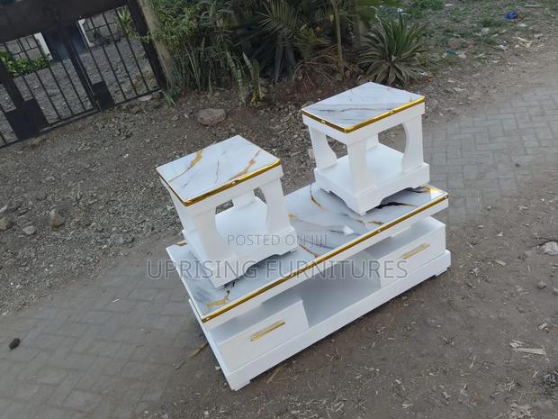 Table White + 2 Stools With Golden Marble Top