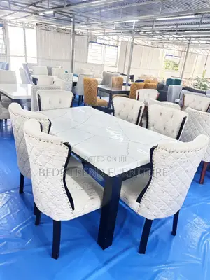 6-Seater Marble Dining Table Set With Quilted Chairs
