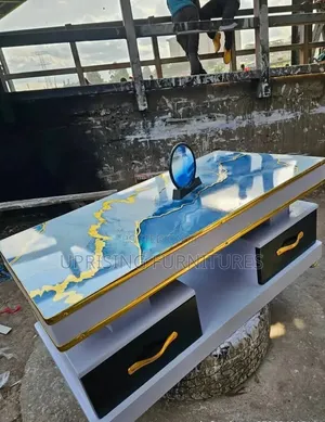 Coffee Table White Black Drawers Marble Top Blue