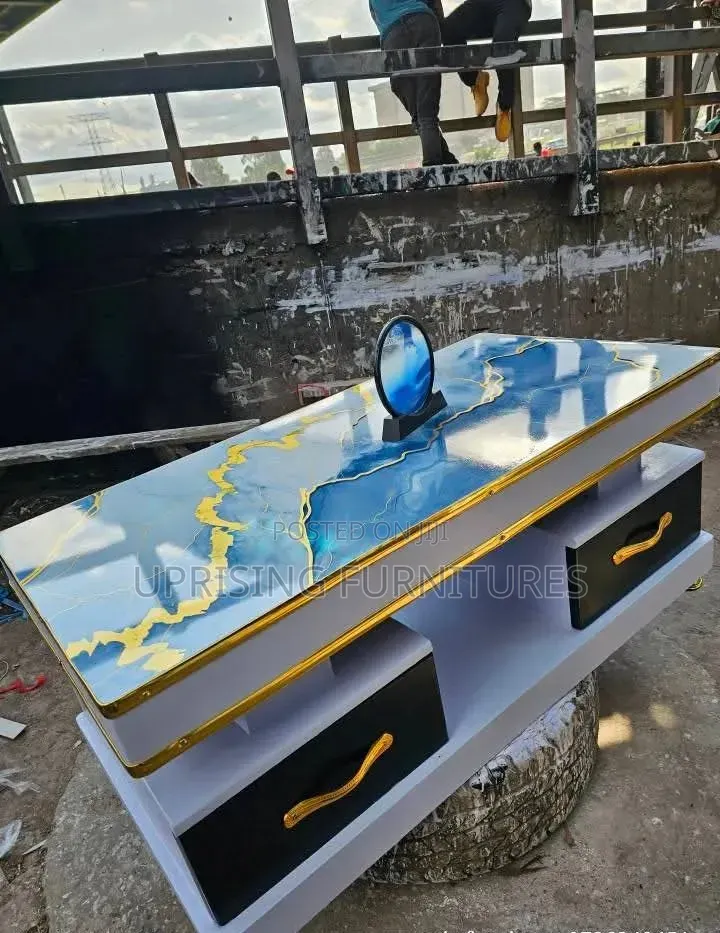 Coffee Table White Black Drawers Marble Top Blue