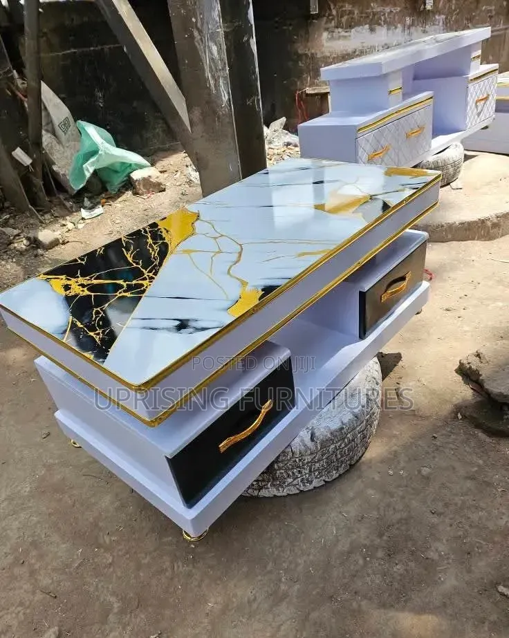Coffee Table White Black Drawers Marble Top Blue