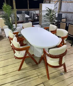 6-Seater Oval Dining Table Set – Ribbed Base With Beige Chairs