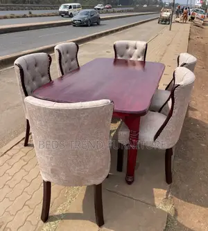 6-Seater Wooden Dining Table Set Tufted Beige Chairs