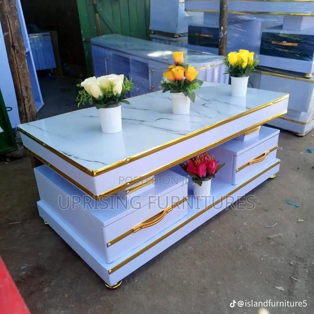 Coffee Table Double Drawers With Golden Belt Accents Marble Top Gold