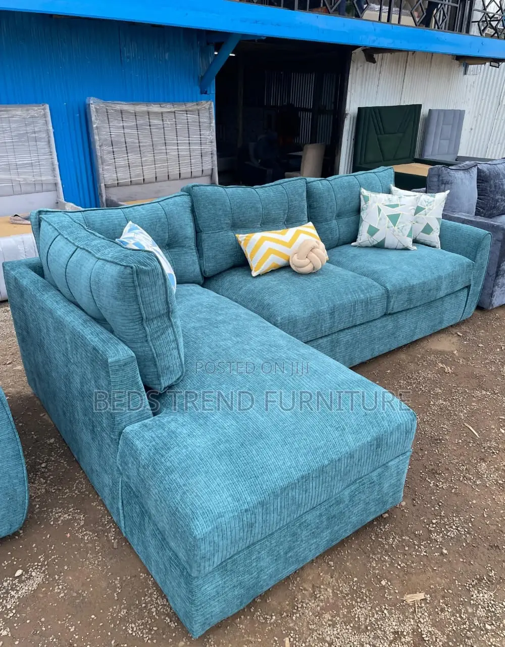 6-Seater L Seat Sofa Turquoise Bubble Fabric With Cushions