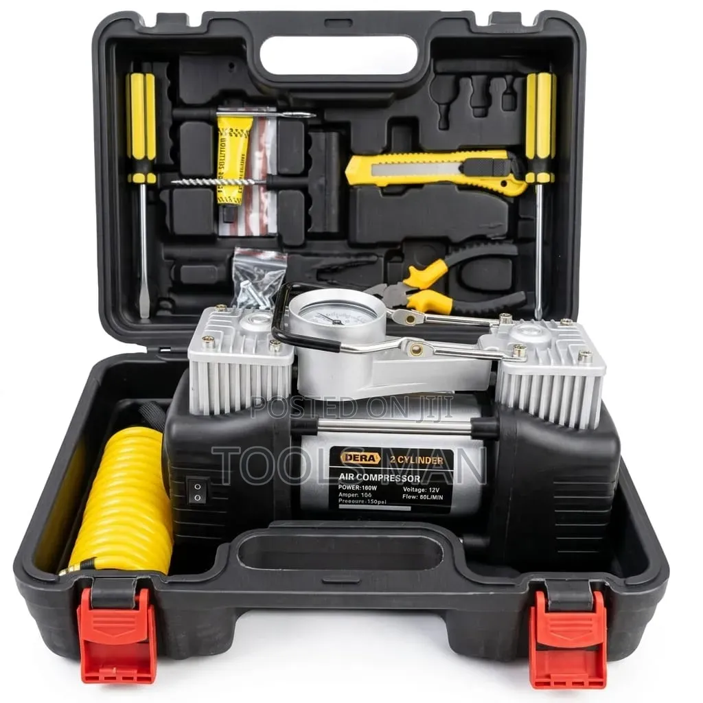 Dera 12v Heavy Duty Double Cylinder Air Compressor Tire Repair Kit.