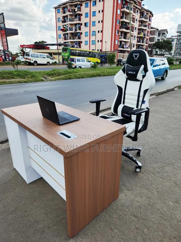 White Brown Table With Gaming Chair-Leather