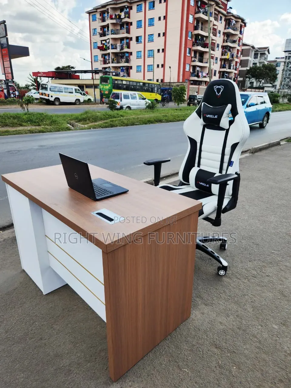 White Brown Table With Gaming Chair-Leather