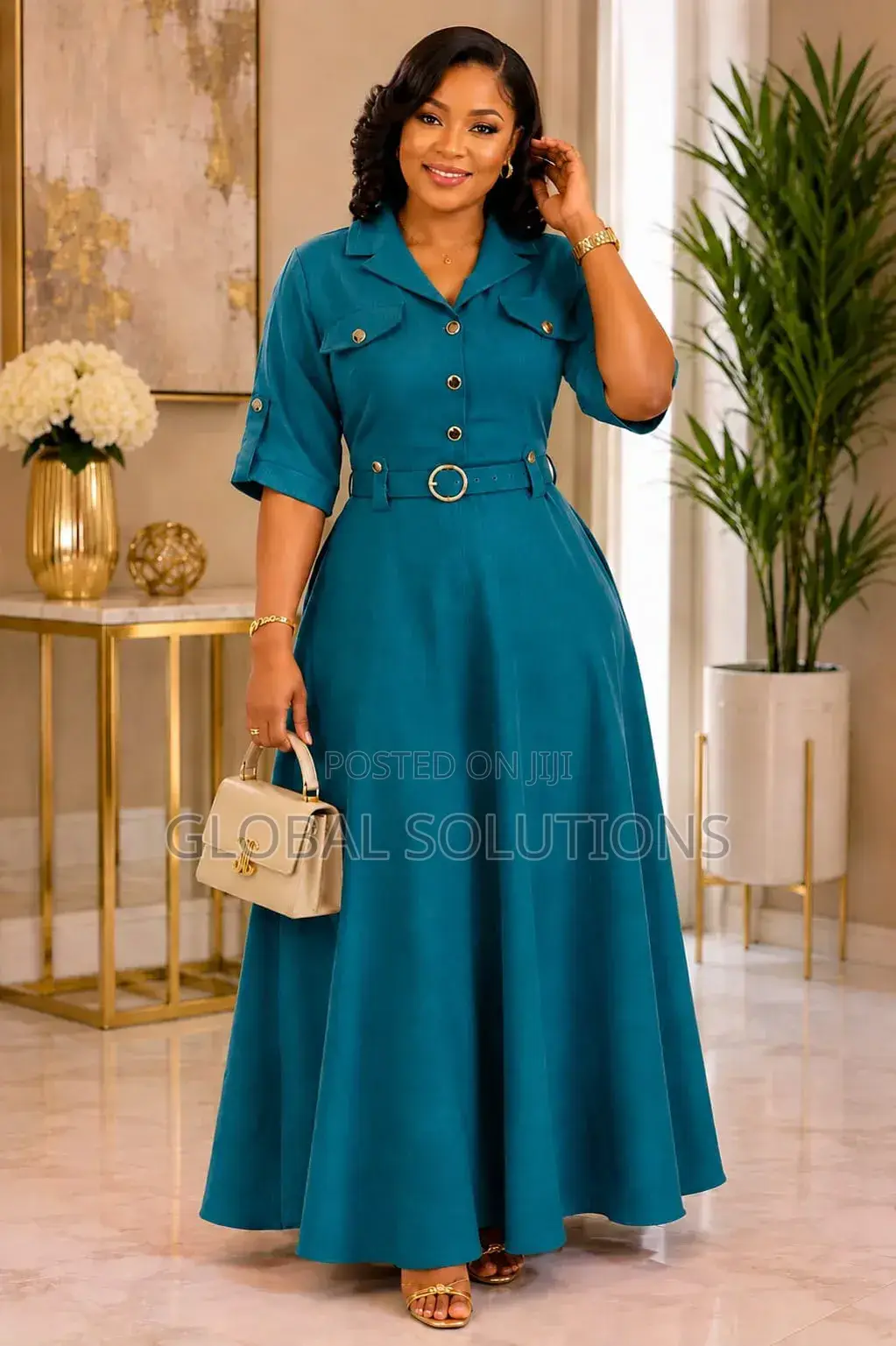 Structured, Burnt Orange Maxi Dress With a Belted Waist