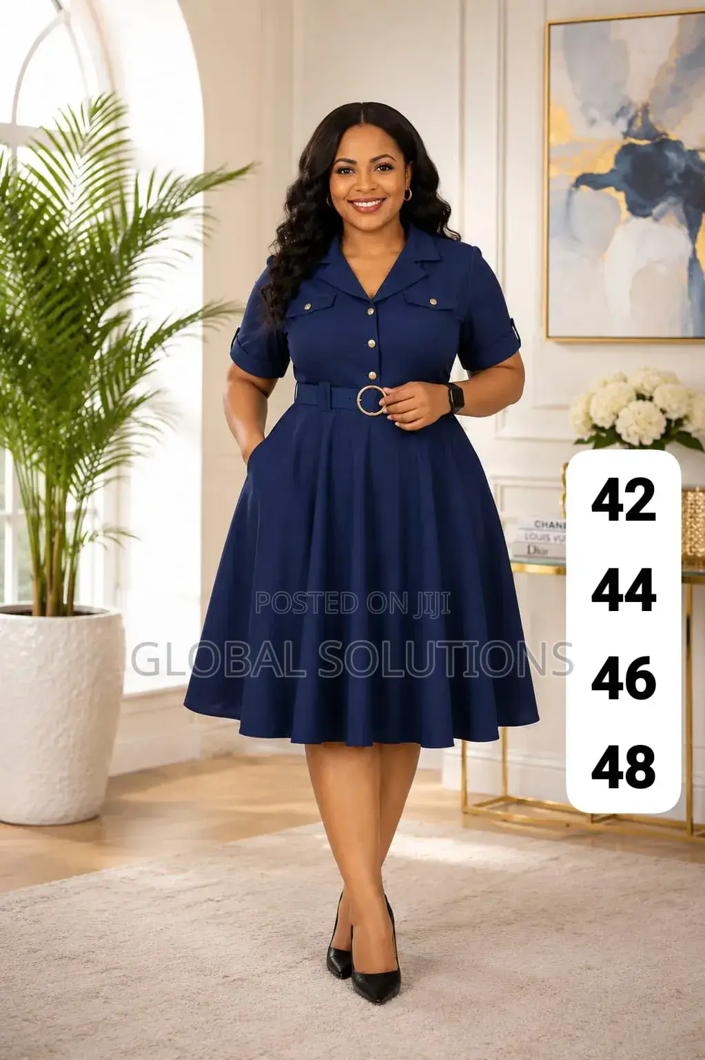 A-Line Midi Dress Features a Classic Collared Neckline