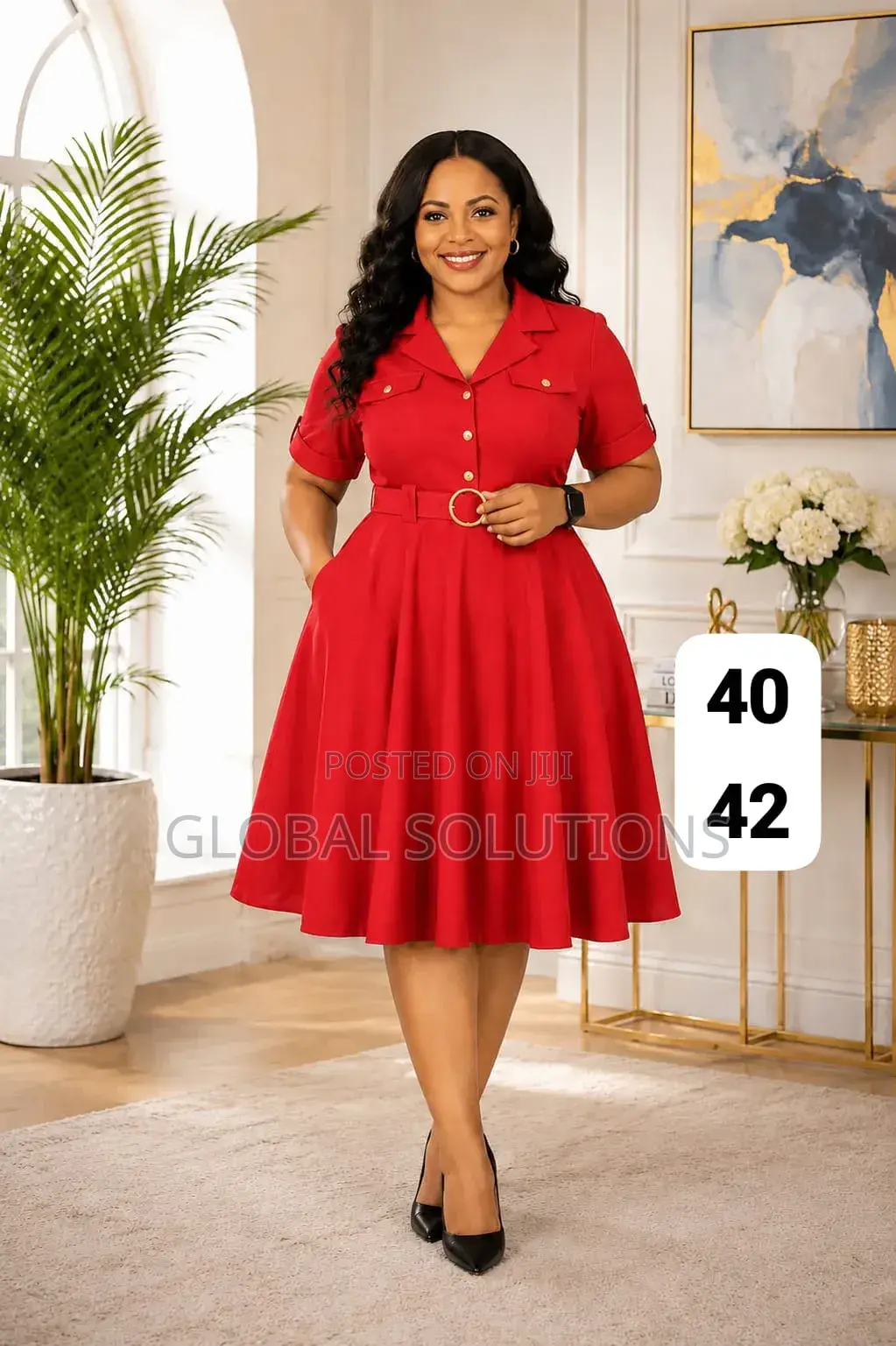 A-Line Midi Dress Features a Classic Collared Neckline