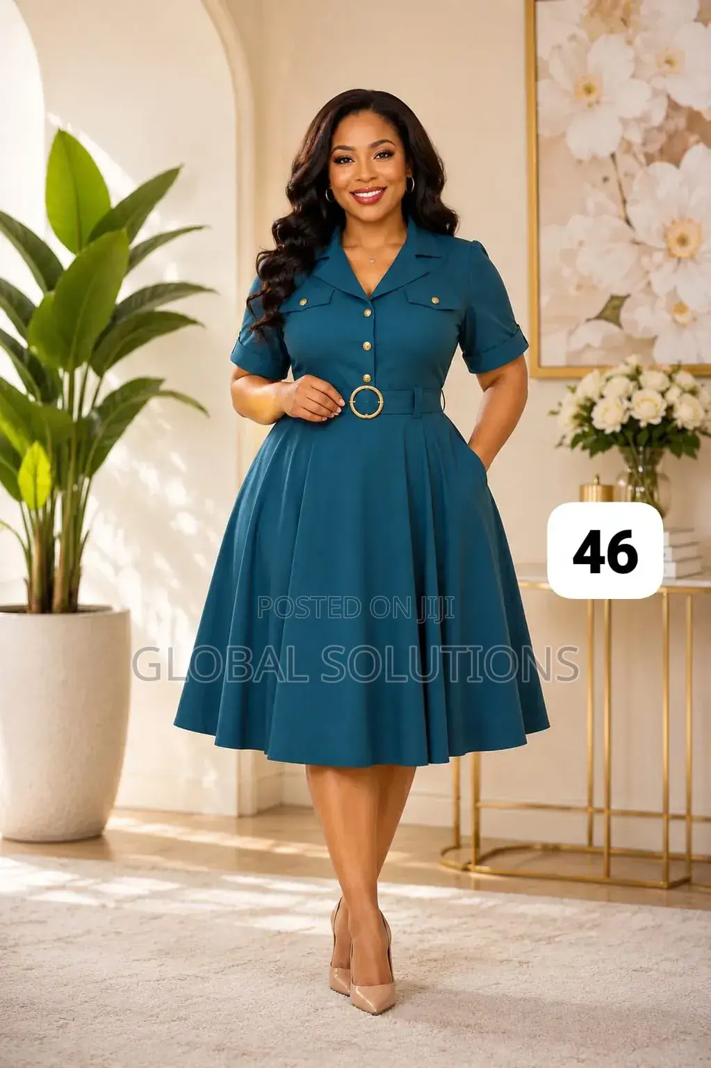 A-Line Midi Dress Features a Classic Collared Neckline