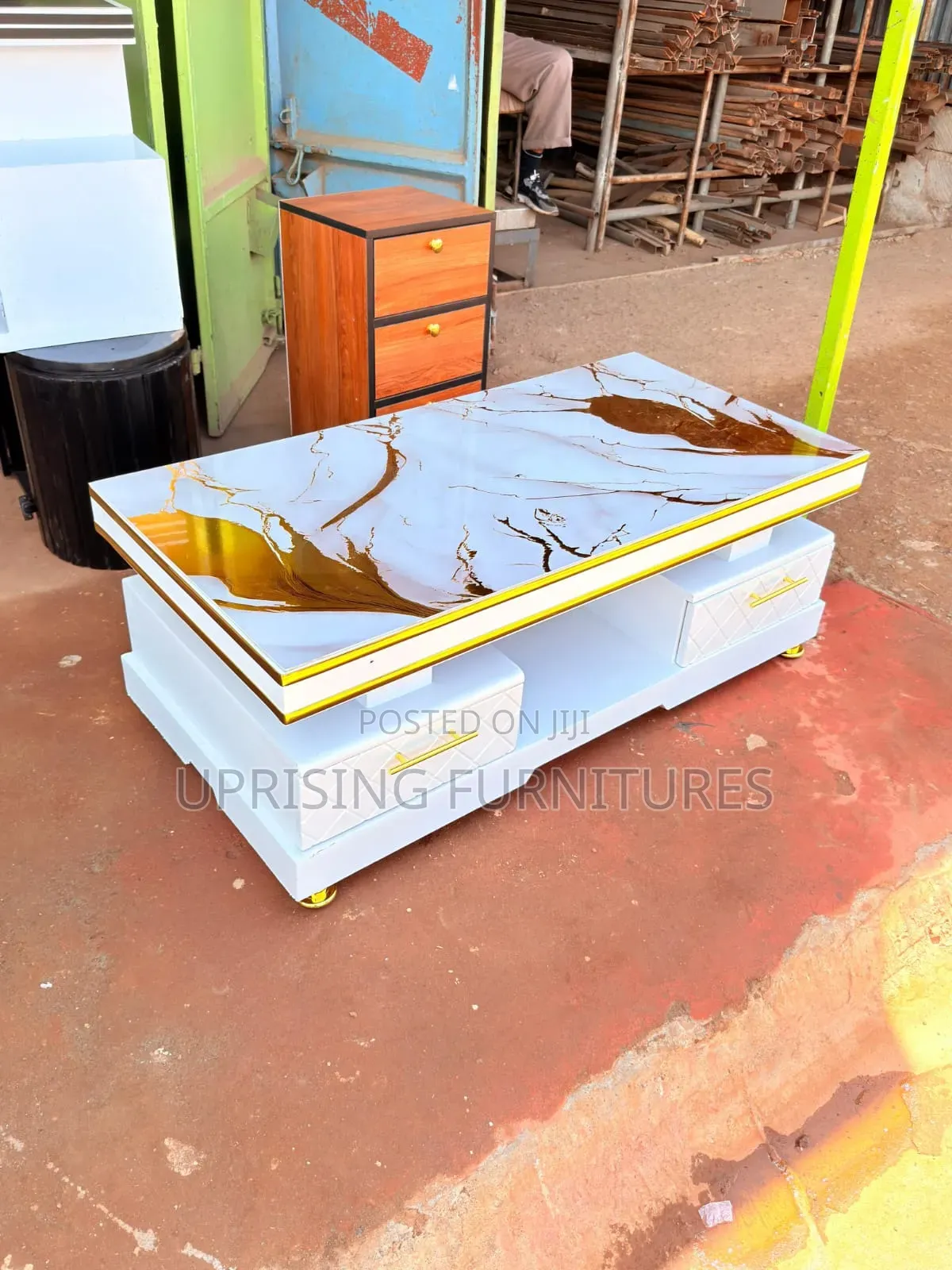 Coffee Table White Plain Double Drawers Marble Top Gold