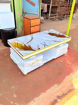 Coffee Table White Plain Double Drawers Marble Top Gold