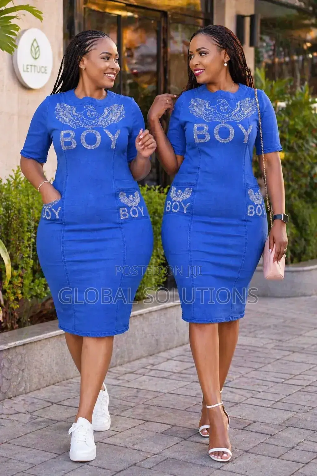 Denim Dresses With a Prominent "Boy" Logo Embellished With Rhinestones