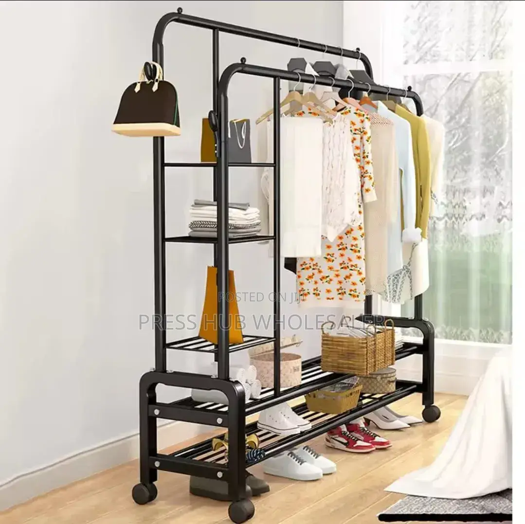 Double-Pole Rolling Garment Rack With Side Shelves Shoe Storage