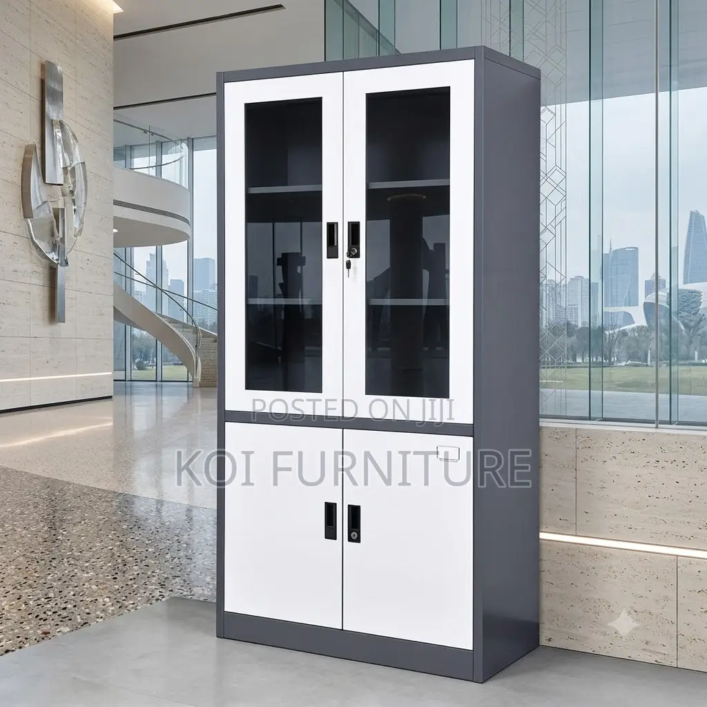 Office Cabinet; Two Doors Grey Office Cabinet With Shelves Views