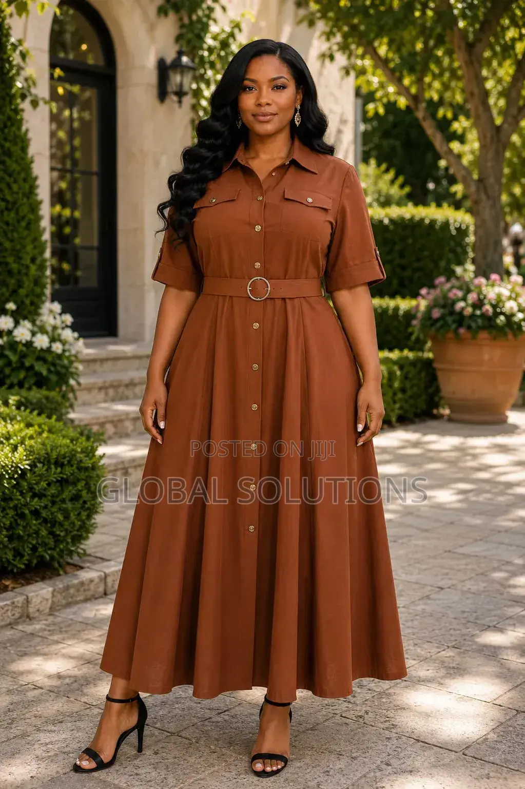 Short-Sleeved, Belted Shirt-Style Maxi Dresses