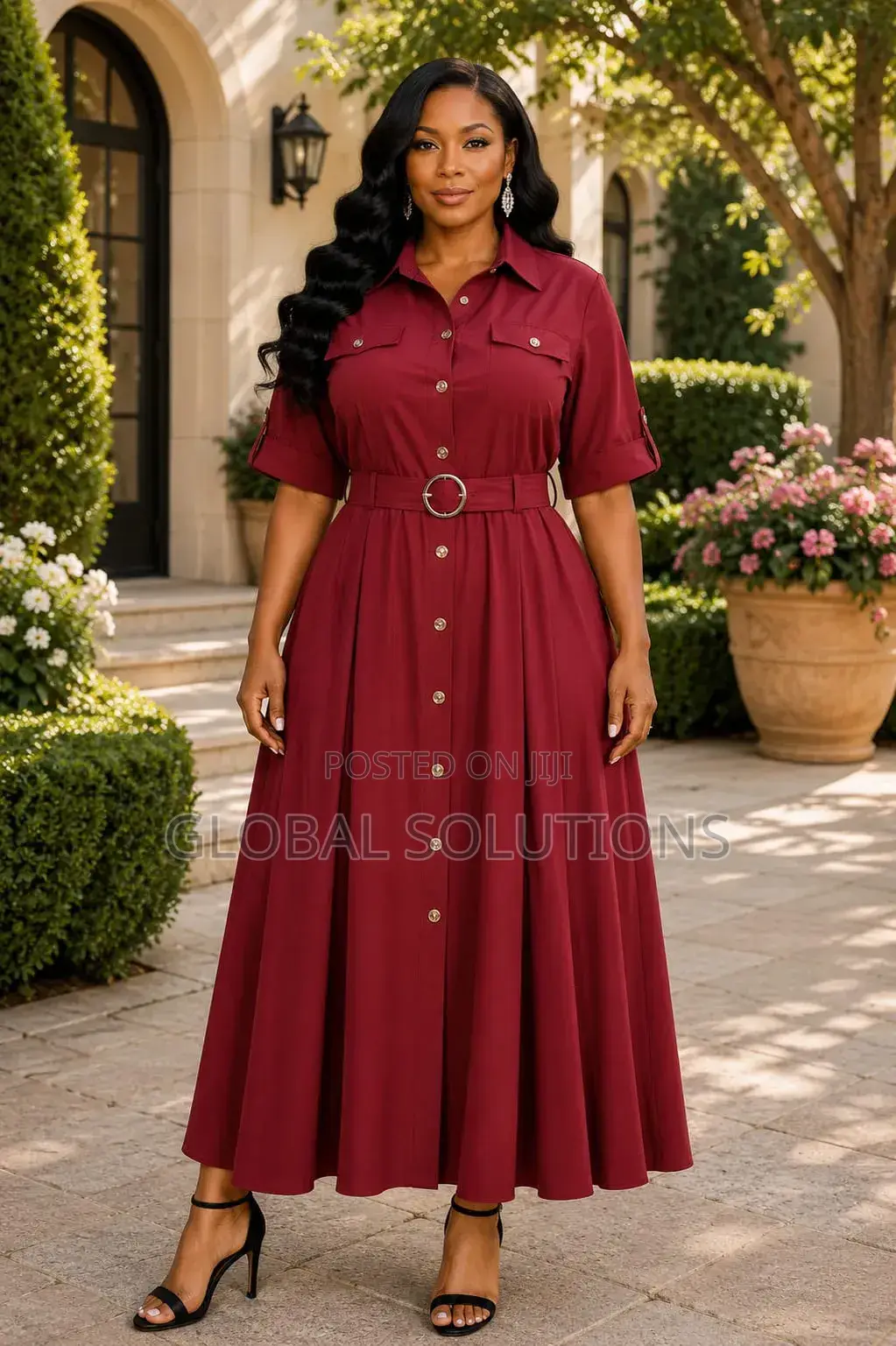 Short-Sleeved, Belted Shirt-Style Maxi Dresses
