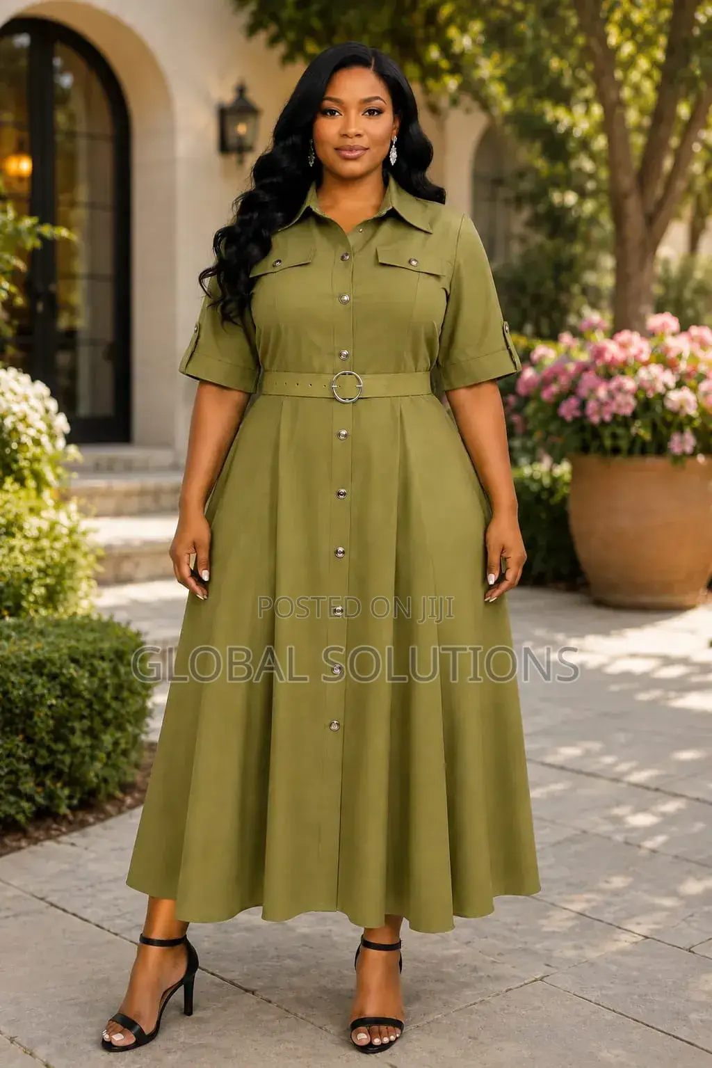 Short-Sleeved, Belted Shirt-Style Maxi Dresses