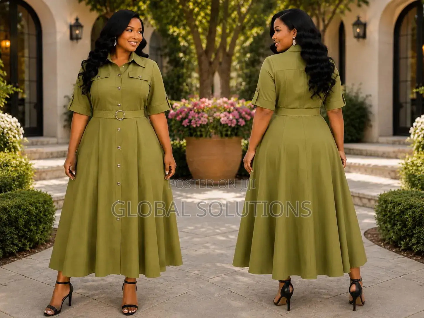 Short-Sleeved, Belted Shirt-Style Maxi Dresses