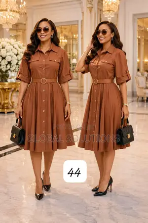 Elegant Belted a-Line Office Midi Dresses With Flap Pockets