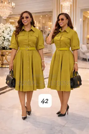 Elegant Belted a-Line Office Midi Dresses With Flap Pockets