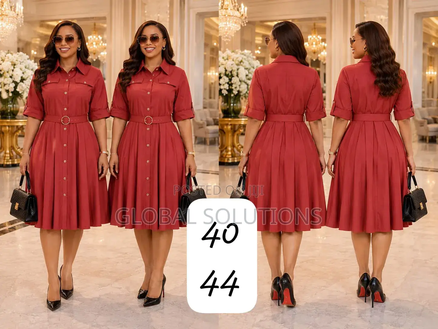 Elegant Belted a-Line Office Midi Dresses With Flap Pockets
