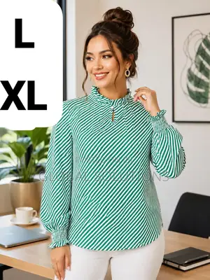 Striped Blouse With a Ruffled Neck and Cinched Sleeves