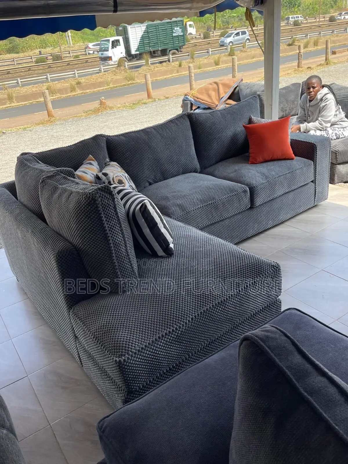 6-Seater L Seat Sofa Black Bubble Fabric