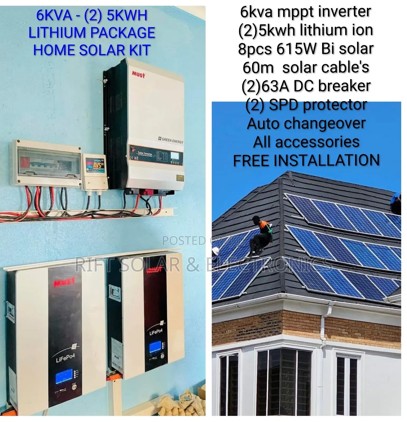 6kva Hybrid Inverter - (5)5.12kwh Lithium Battery - (8) 615w Solar Kit