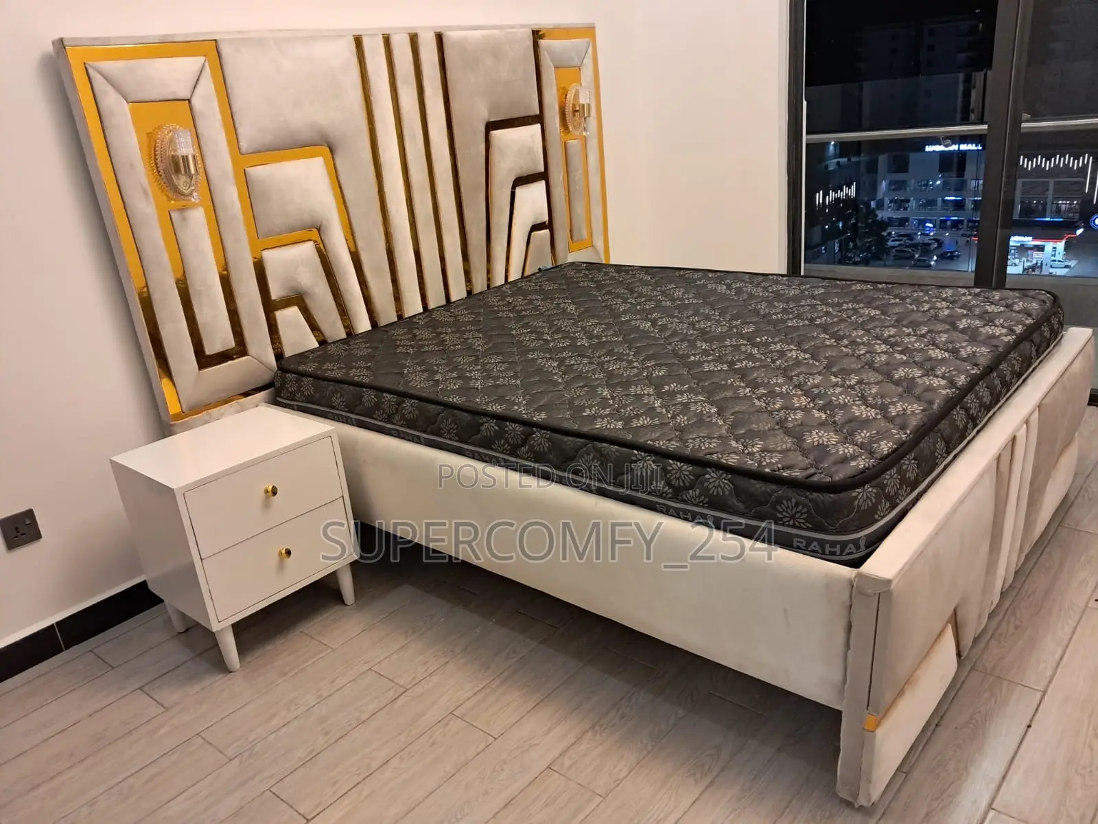 Extended Headboard Bed With Lights and Drawers