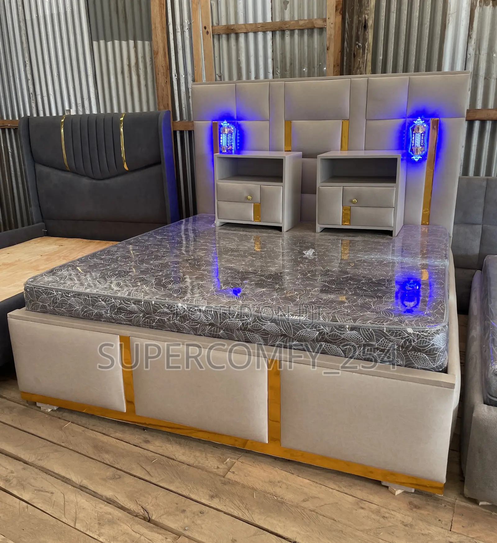Extended Headboard Bed With Lights and Drawers