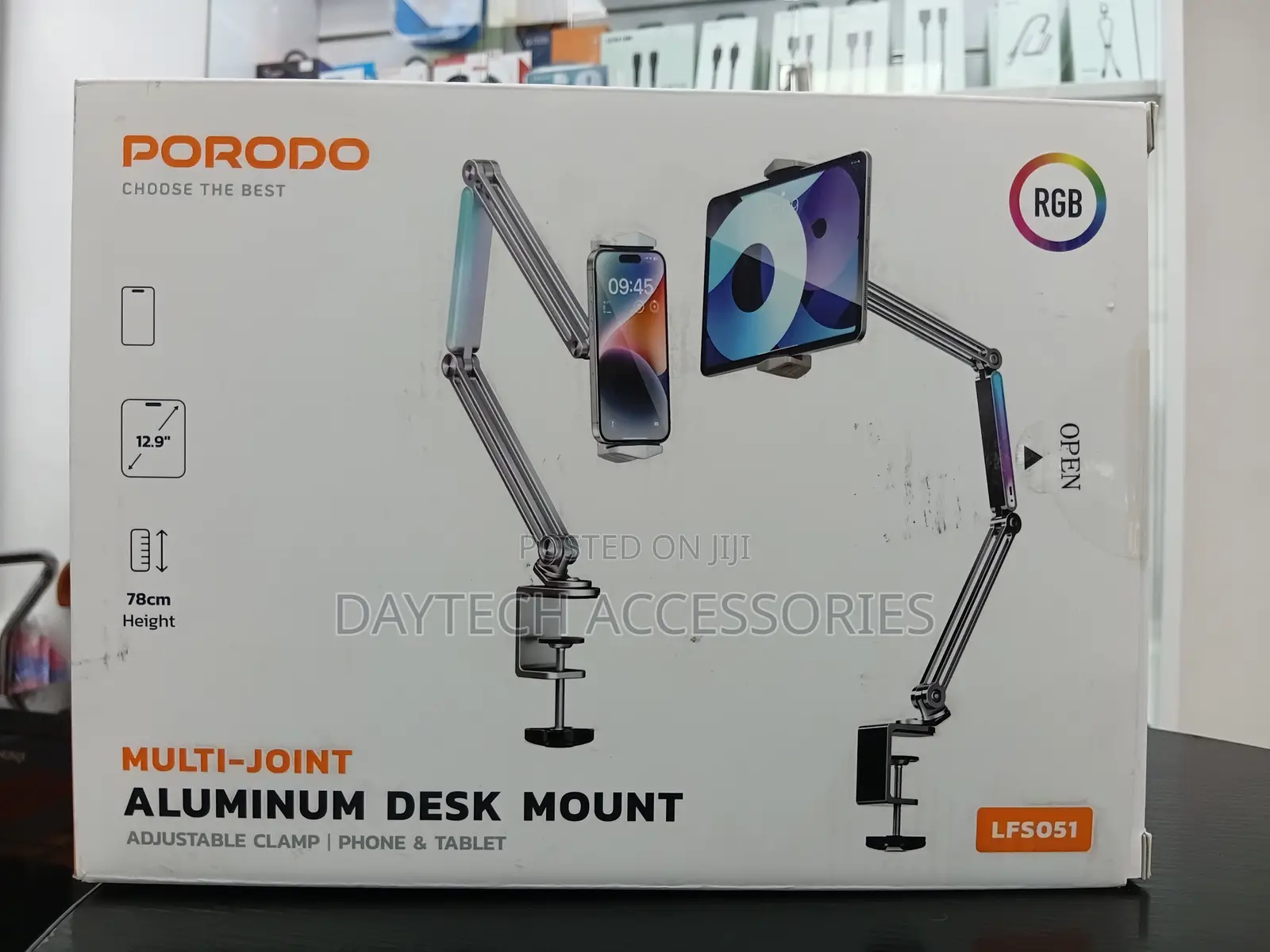 This Is a Porodo Lfs051 Multi-Joint Phone/Tablet Aluminum Desk Mount.