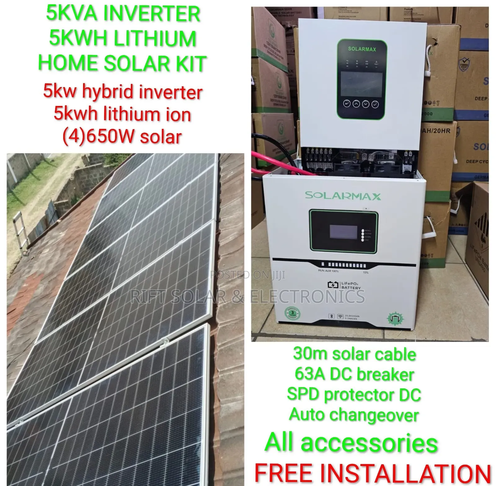 5kva Hybrid Inverter - 5.12kwh Lithium Battery - (6) 615w Solar System
