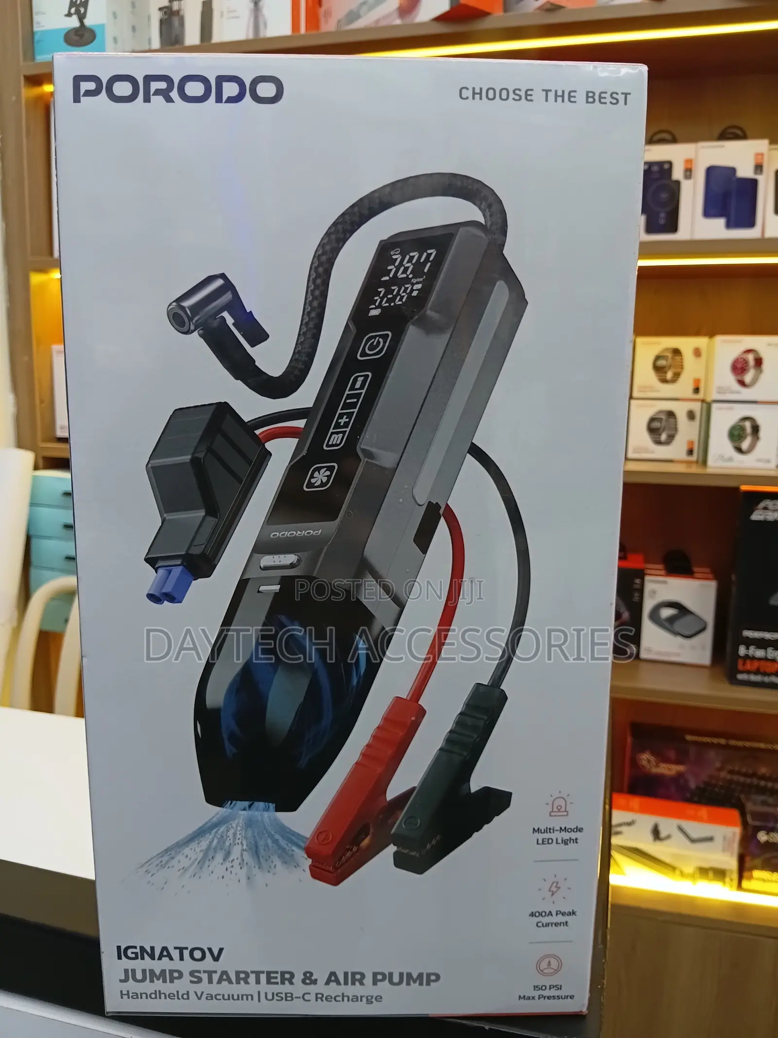 Porodo 4-in-1 Car Tyre Inflator, Jump Starter Emergency Light.